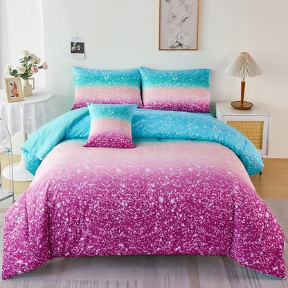 PERFEMET 6Pcs Teal Purple Comforter Set Twin Size, Tie Dye Rainbow Glitter Bed in A Bag, Gradient Pastel Ombre Sparkle Bedding Set for Kids Teens Girls (Blue Teal Purple, Twin)