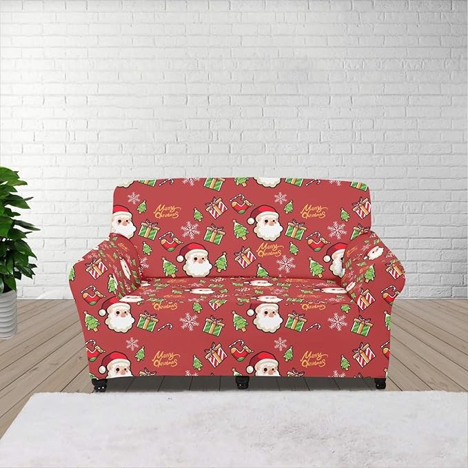 FKELYI Christmas Decor Red Sofa Slipcover for Living Room Santa Claus Sofa Couch Cover with Elastic Bottom Non-Slip Furniture Protector M