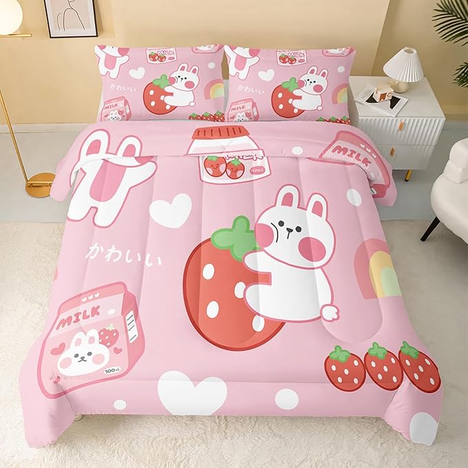 Strawberry Rabbit Comforter Set for Kids Teens Girls Women,Pink Bunny Kids Comforter,1 Comforter with 2 Pillowcase, Microfiber 3 Piece Bedding Set,for All Seasons(Pink，Full Size)