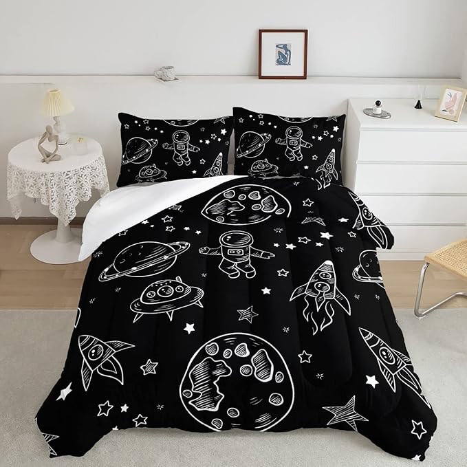 Datura home Kids Space Astronaut Comforter Set for Boys Kids Children,Galaxy Space Ship Astronaut Rocket Printed Bedding Set with 1 Comforter and 2 Pillowcases(Space Galaxy Full), Full 80x90inches