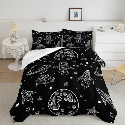 Datura home Kids Space Astronaut Comforter Set for Boys Kids Children,Galaxy Space Ship Astronaut Rocket Printed Bedding Set with 1 Comforter & 2 Pillowcases(Space Galaxy Queen), Queen 90x90inches