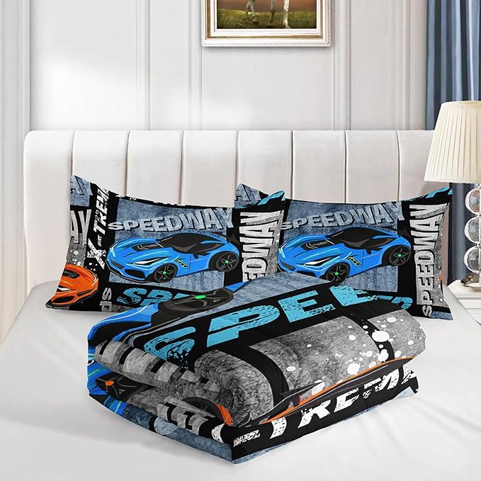 Datura home Sports Car Comforter Set Vintage Racing Car Printed Quilt Bedding Set with 1 Comforter and 2 Pillowcases for Boys and Girls Bedroom All Season(Sports Car Queen)