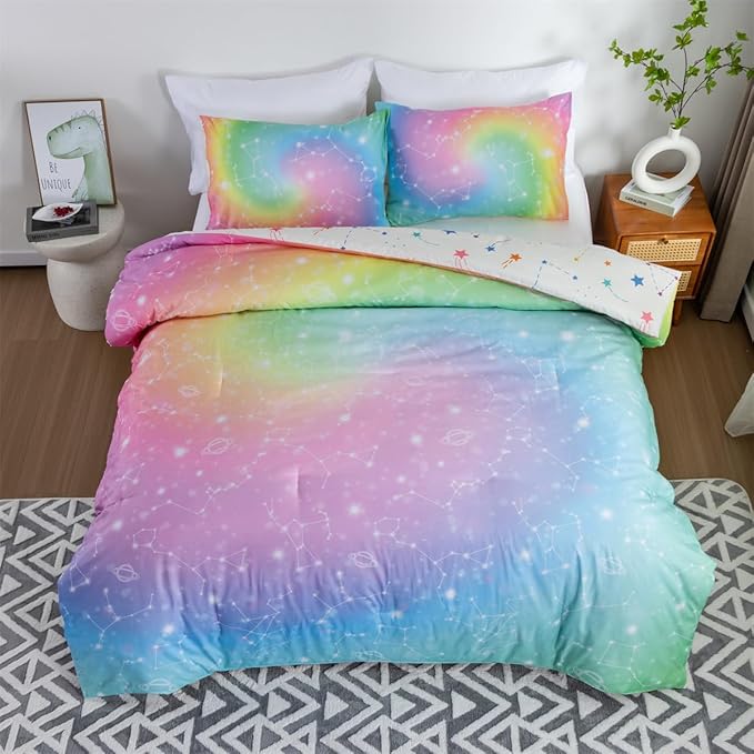 Holawakaka Tie Dye Constellation Print Rainbow Ombre Comforter Set Full Size Girls Boys Gradient Galaxy Bedding Sets Teens Boho Bed Set(Multi,Full)