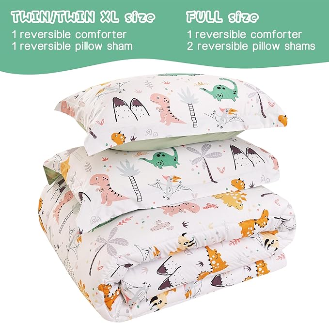 Dinosaur Kids Comforter Set for Boys Twin, Cute Reversible Quilted Dino Printed Bedding Set with Pillow Sham, Lightweight Soft Breathable Machine Washable Bed Set 2 Piece