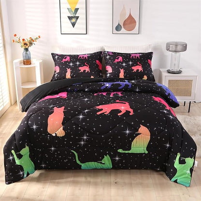 ENCOFT Comforter Set Queen for Girls and Boys, Premium 3 Piece Cats Bedding Set Black, Comfortable and Breathable for Teens and Adults, 1 Comforter and 2 Pillowcases