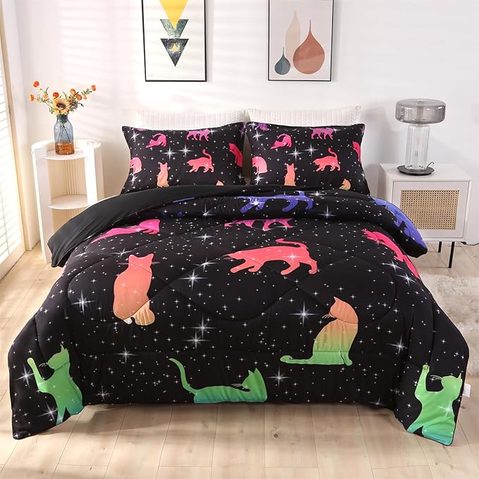 ENCOFT Cat Full Bedding Comforter Set Full for Girls and Boys Premium 3 Piece Cats Bedding Set Black Comfortable and Breathable for Teens and Adults with 1 Comforter and 2 Pillowcases