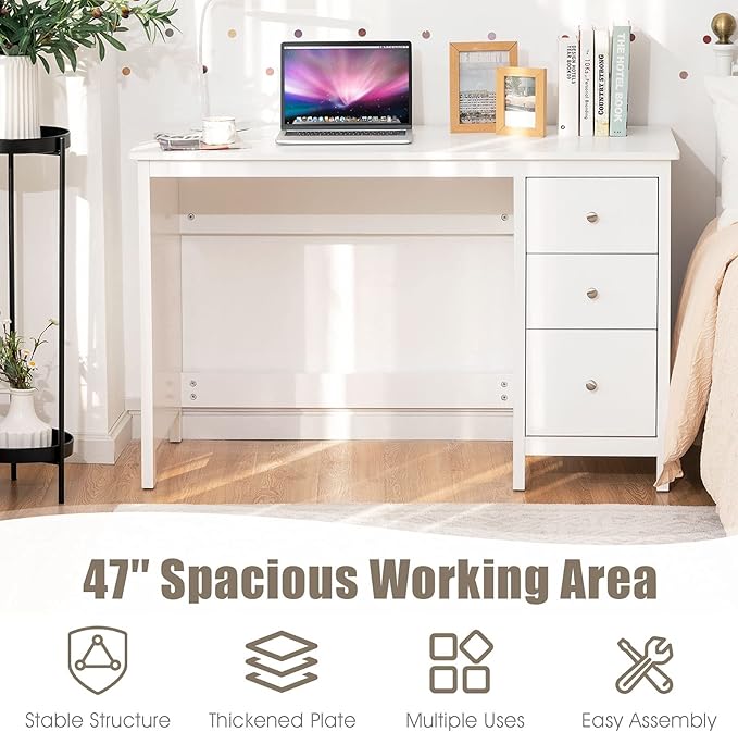 3-Drawer Computer Desk, White