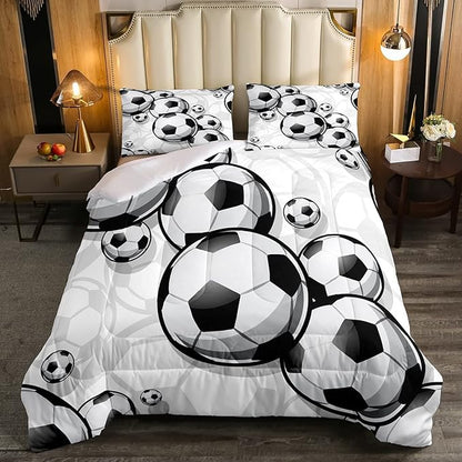 Erosebridal Boys Soccer Bedding Sets Football Down Comforter Sports Gaming Comforter Set for Kids Girls Soccer Hand Draw Quilt Set with 1 Comforter and 2 Pillow Cases King Size Black White