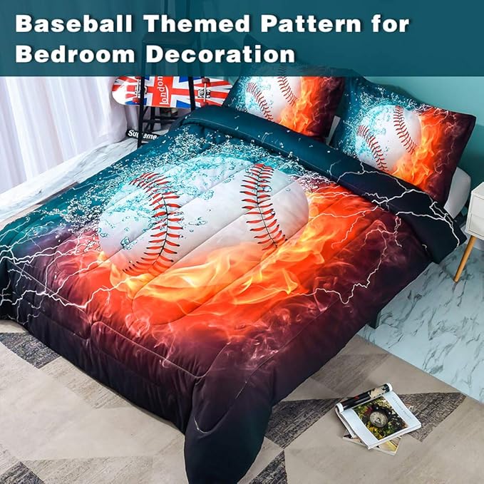 Andency Baseball Comforter Set Queen(90x90 Inch), 3 Pieces(1 Baseball Comforter, 2 Pillowcases) Sport Microfiber Comforter Set Bedding Set for Kids Boys Teens