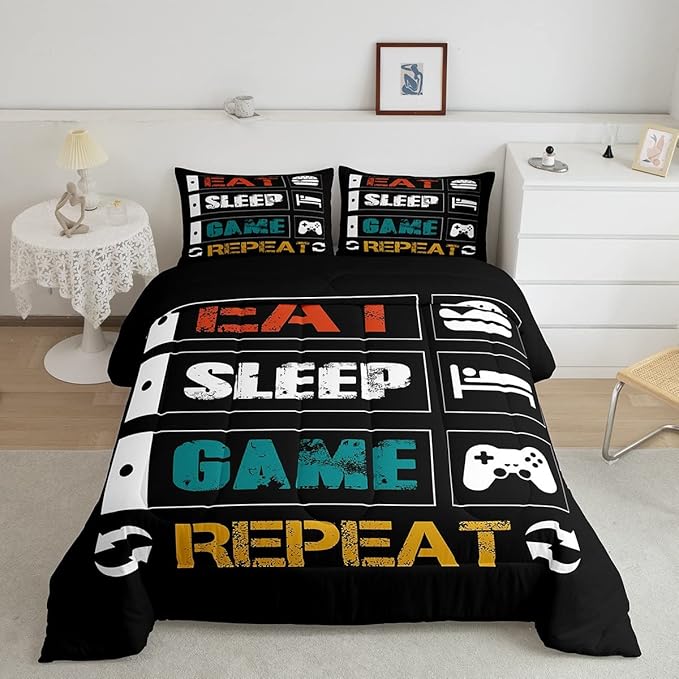 Gamer Comforter Set Full Gaming Bedding Set for Boys Teens Girls Kids Video Games Controller Comforter Funny Creative Eat Sleep Game Repeat Design Reversible Down Comforter for All Season Room Decor