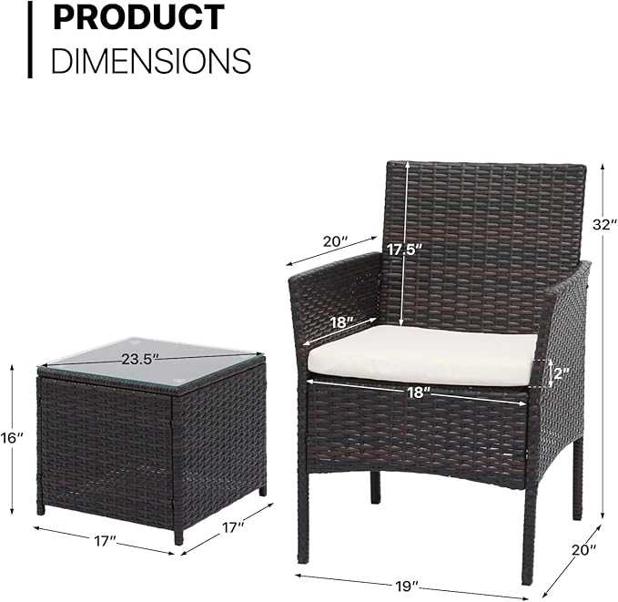 MoNiBloom 3 Pieces Patio Furniture Set, Outdoor Conversation PE Rattan Furniture Front Porch Set with Washable Cushion and Tempered Glass Tabletop for Garden Poolside Balcony, Capacity 250 lbs, Brown