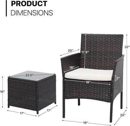 MoNiBloom 3 Pieces Patio Furniture Set, Outdoor Conversation PE Rattan Furniture Front Porch Set with Washable Cushion and Tempered Glass Tabletop for Garden Poolside Balcony, Capacity 250 lbs, Brown