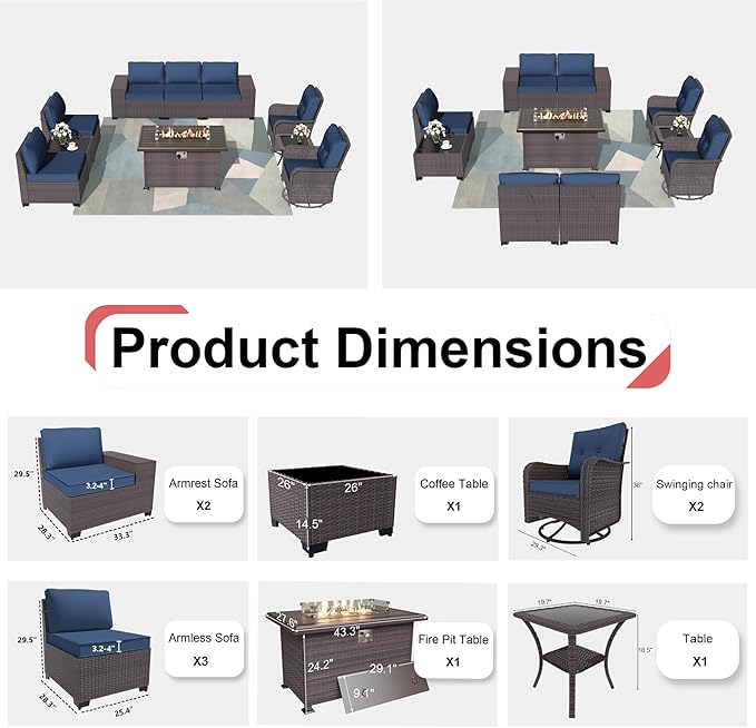 Patio Furniture Sectional Sofa Set 10-Pieces PE Rattan Swivel Rocking Chairs Outdoor Furniture Set w/43in Gas Fire Pit Table, Patio Conversation with 55000 BTU Propane Fire Pit, Navy Blue