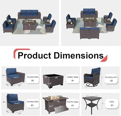 Patio Furniture Sectional Sofa Set 10-Pieces PE Rattan Swivel Rocking Chairs Outdoor Furniture Set w/43in Gas Fire Pit Table, Patio Conversation with 55000 BTU Propane Fire Pit, Navy Blue