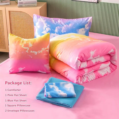 PERFEMET Twin Comforter Set for Girls, Corlofrul Rainbow Twin Size Bedding Set, 6Pcs Blue Sky and White Cloud Print Twin Size Bed in A Bag with Comforter and Sheets