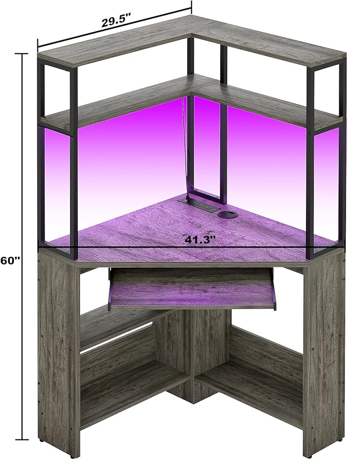Cyclysio Small Corner Desk with Hutch, Heavy Duty Corner Computer Desk with Power Outlets & LED Light, Triangle Corner Gaming Desk with Keyboard Tray for Home Office, Small Space, Workstation Grey
