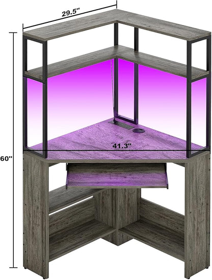 Cyclysio Small Corner Desk with Hutch, Heavy Duty Corner Computer Desk with Power Outlets & LED Light, Triangle Corner Gaming Desk with Keyboard Tray for Home Office, Small Space, Workstation Grey