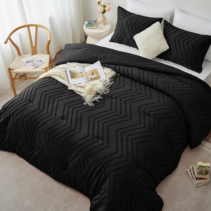 CozyLux California King Size Comforter Set Black - 3 Pieces Cal King Boho Tufted Shabby Chic Bedding Comforter Set for All Seasons, Chevron Bedding Sets with Comforter & 2 Pillow Shams