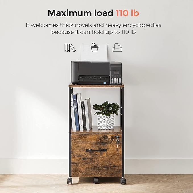 VASAGLE Filing Cabinet for Home Office, Printer Cabinet, Rolling File Cabinet with Drawer and Lock, for Suspended Folder, A4 and Letter Sized Documents, Industrial, Rustic Brown and Black UOFC044B01