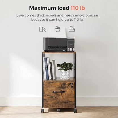 VASAGLE Filing Cabinet for Home Office, Printer Cabinet, Rolling File Cabinet with Drawer and Lock, for Suspended Folder, A4 and Letter Sized Documents, Industrial, Rustic Brown and Black UOFC044B01