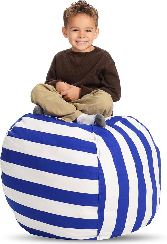 Creative QT Stuff ’n Sit Large 33’’ Bean Bag Storage Cover for Stuffed Animals & Toys – Blue & White Stripe – Toddler & Kids’ Rooms Organizer – Beanbag Makes Great Plush Toy Hammock Alternative