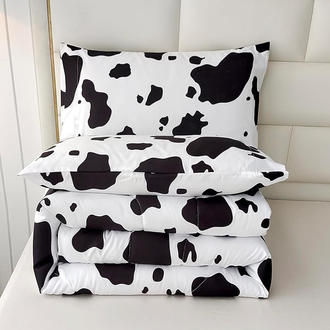 SDY 3 Pieces Milk Cow Print Stuff Bedding Comforter Set Full with 2 Pillowcases for Kids Teens Girls Women, Microfiber, Easy Wash, Light Breathable Cozy White Base Cute Milk Cow Pattern, Full Size…