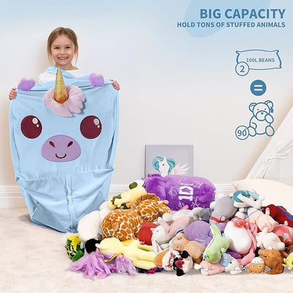 Aubliss Unicorn Stuffed Animal Storage Bean Bag Chair for Kids, Velvet Extra Soft Beanbag Chairs Cover, X-Large Stuffable Zipper Bean Bag for Organizing Plush Toys Girls Bedroom Decor, Blue