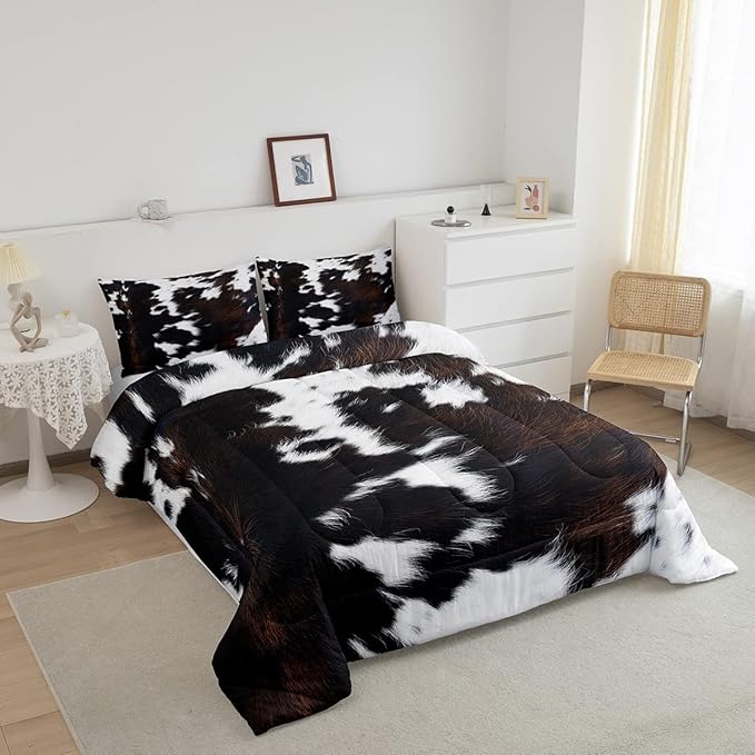 Brown Cowhide Comforter Set Twin,Black White Aztec Cow Print Bedding Set Western Farmhouse Animal Fur Down Comforter for Kids Boys Girls,Rustic Cowboy Quilt Duvet Set 1 Pillow Case Bedroom Decor