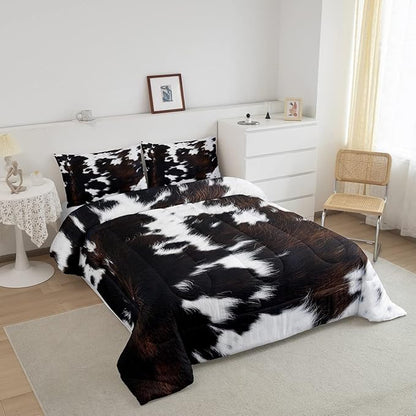 Brown Cowhide Comforter Set Twin,Black White Aztec Cow Print Bedding Set Western Farmhouse Animal Fur Down Comforter for Kids Boys Girls,Rustic Cowboy Quilt Duvet Set 1 Pillow Case Bedroom Decor
