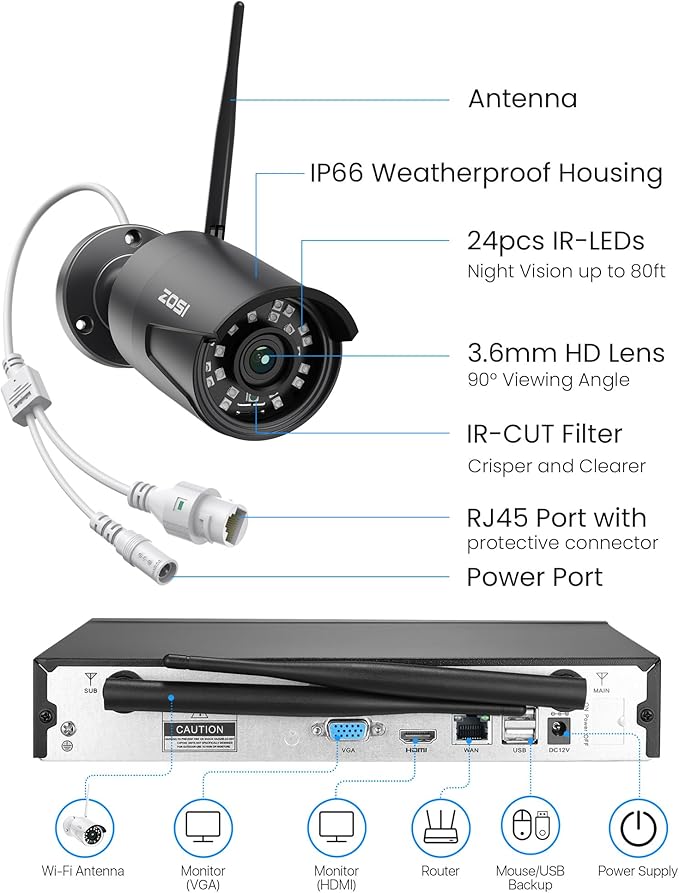 ZOSI Wireless Home Security Camera System Outdoor, 2K 3MP H.265+ 8 Channel CCTV NVR with 1TB HDD for 24/7 Record, 4 x 3MP WiFi IP Camera, Plug-in, Color Night Vision, Spotlight, Remote Access