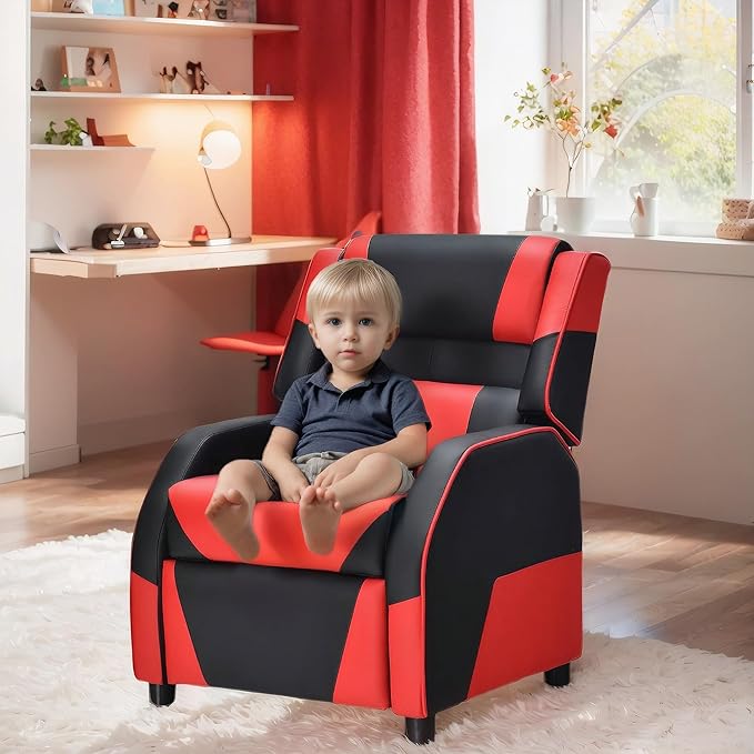 RACER Larger Kids Gaming Chair Leather Recliner Sofa Children Ages 3-12, BlackRed