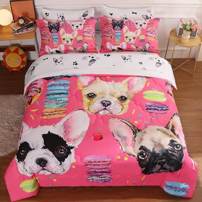 7 Piece Dog Comforter Set Full Size for Kids Cute 3D French Bulldog Dogs Bedding Bed in A Bag for Teens Boys Girls All Season Watercolor Pink Animal Themed Comforter