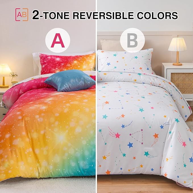 A Nice Night Gradient Glitter 6Pcs Bed in A Bag Bedding Set for Girls Full Size, Colorful Rainbow Galaxy Comforter Set, Ultra Soft Bedding Sets, YellowBlue