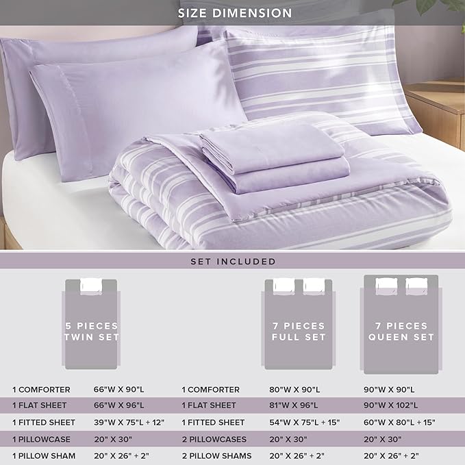 Codi Full Comforter Set 7 Piece, Lavender Purple Striped Bed in a Bag Reversible for All Seasons, Cationic Dyeing Bedding Sets with Comforter, Sheets, Pillowcases & Shams