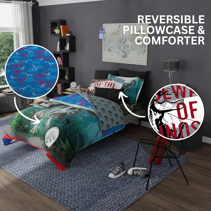Franco Kids Bedding Super Soft Comforter and Sheet Set, 5 Piece Full Size, Jurassic World Dominion