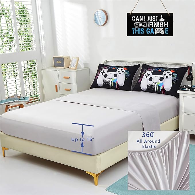 KAKKI 4 Piece Boys Twin Gamer Comforter Set with Sheets, 3D Colorful Video Game Controller Comforter for Kids Teen, All Season Soft Microfiber Gaming Bedding Set(White,Twin)