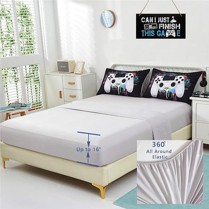 KAKKI 4 Piece Boys Twin Gamer Comforter Set with Sheets, 3D Colorful Video Game Controller Comforter for Kids Teen, All Season Soft Microfiber Gaming Bedding Set(White,Twin)