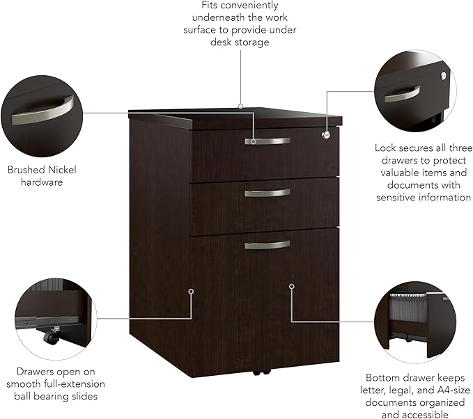 Bush Business Furniture Office in an Hour 3 Rolling File Cabinet | Mobile Under Desk Drawers for Letter, Legal, and A4-size Document Storage, Mocha Cherry