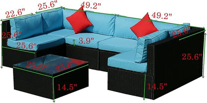 5 Pieces Outdoor Furniture PE Rattan Patio Sectional U Shaped Conversation Sofa Set with Table and 2 Pillows for Garden, Yark, Lawn, Backyard, Onesize, Black Wicker+Blue Cushion