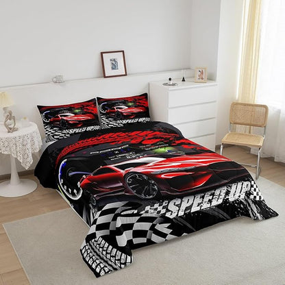 Feelyou Kids Boys Girls Red Race Car Comforter Set Queen Size, Sports Car Comforter Comforter Set for Teens Toddler Race Car Bedding Set Racing car Duvet Set Bed Set Room Decor Bedding Collection