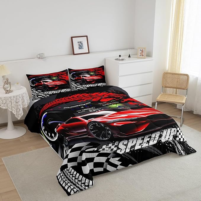 Feelyou Kids Boys Girls Red Race Car Comforter Set Twin Size, Sports Car Comforter Comforter Set for Teens Toddler Race Car Bedding Set Racing car Duvet Set Bed Set Room Decor Bedding Collection