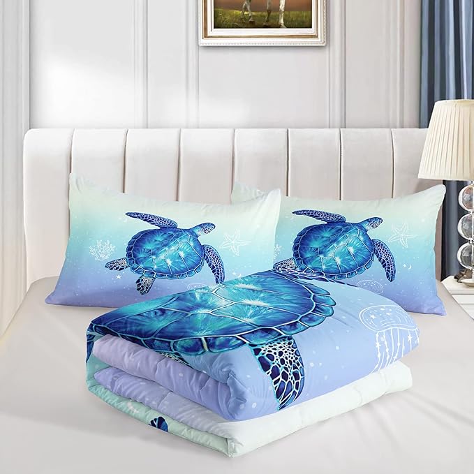 Turtle Comforter Twin Size,Ocean Comforter Set for Kids Teens Girls Boys,3Pcs Bedding Set Printed Comforter with 2 Pillowcases,Down Alternative,Soft and Lightweight(Blue，Twin Size)