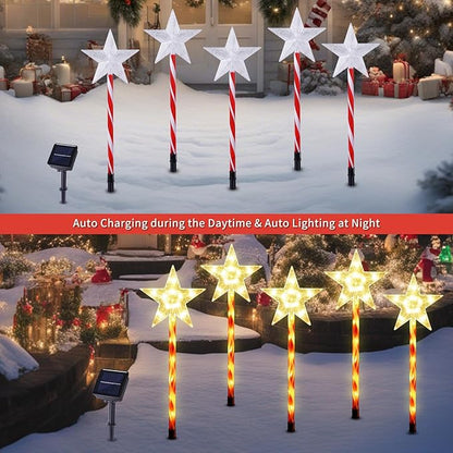 Solar Christmas Pathway Lights Outdoor Decorations, 8 Modes Star Candy Lights Waterproof Led Garden Stake Lights for Walkway Yard Lawn Porch Holiday Decor 5-Pack (Warm White Star Lights)
