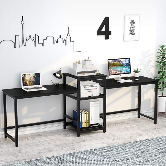 Tribesigns 96.9" Double Computer Desk with Printer Shelf, Extra Long Two Person Desk Workstation with Storage Shelves, Large Office Desk Study Writing Table for Home Office (Black)