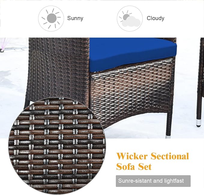 Goplus 4-Piece Rattan Patio Set, Outdoor/Indoor Wicker Conversation Set for Pool, Backyard, Lawn, Wicker Chairs and Sofa with Soft Cushion, Rattan Furniture with Tempered Glass Coffee Table