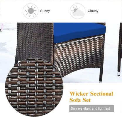 Goplus 4-Piece Rattan Patio Set, Outdoor/Indoor Wicker Conversation Set for Pool, Backyard, Lawn, Wicker Chairs and Sofa with Soft Cushion, Rattan Furniture with Tempered Glass Coffee Table