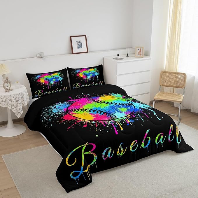 Feelyou Kids Baseball Comforter Set Twin Size Sports Game Bedding Set for Boys Girls Teens Bedroom Decor Baseball Gaming Comforter Women Men Tie Dye Duvet Set with 1 Pillow Case
