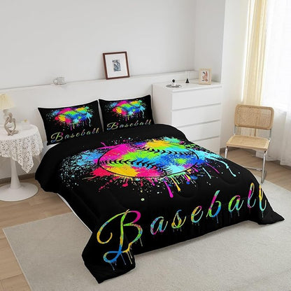 Feelyou Kids Baseball Comforter Set Queen Size Sports Game Bedding Set for Boys Girls Teens Bedroom Decor Baseball Gaming Comforter Women Men Tie Dye Duvet Set with 2 Pillow Case