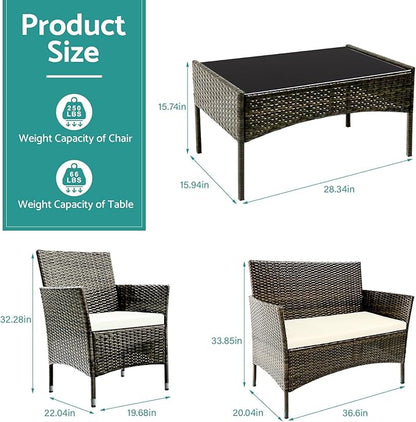 Patio Furniture, 4 Piece Conversation Set, Outdoor Wicker Rattan Table and Chairs, Sectional Sofa with Thick Cushion for Garden, Yard, or Porch, Brown