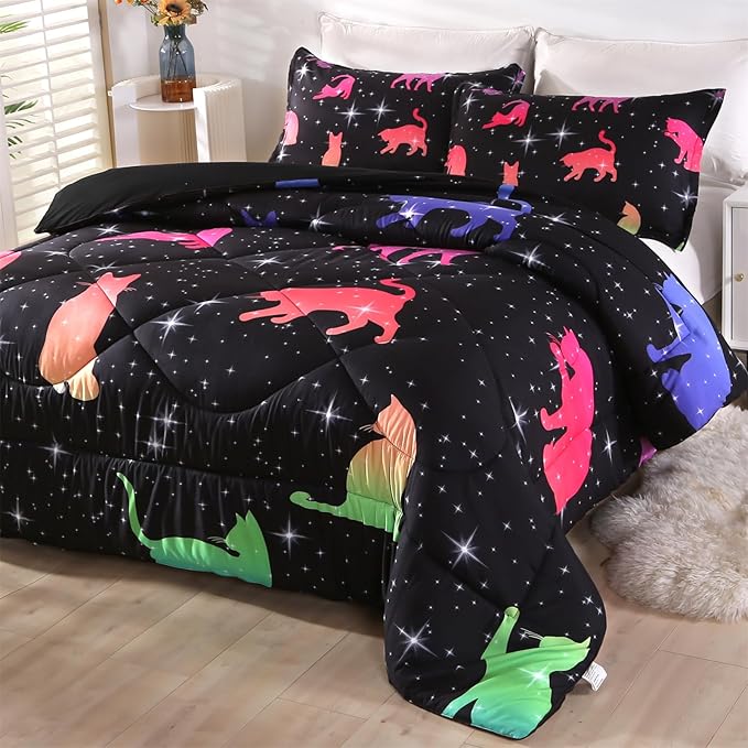 ENCOFT Cat Full Bedding Comforter Set Full for Girls and Boys Premium 3 Piece Cats Bedding Set Black Comfortable and Breathable for Teens and Adults with 1 Comforter and 2 Pillowcases